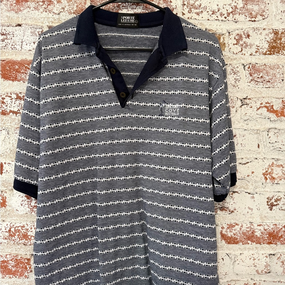 Vintage Sanctuary Cove Australia Golf Gray & Navy Striped Polo Shirt for Men